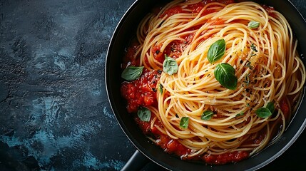 Poster - Traditional tomato sauce in saucepan with spaghetti pasta Grey background Top view : Generative AI