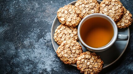 Poster - Healthy vegan oat cookies with cup of tea Grey background Top view : Generative AI