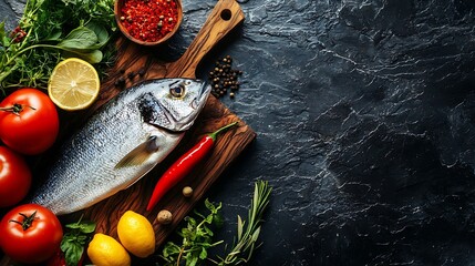 Poster - Raw fish Dorado on a wooden cutting board with vegetables herbs and spices Black stone background Top view : Generative AI