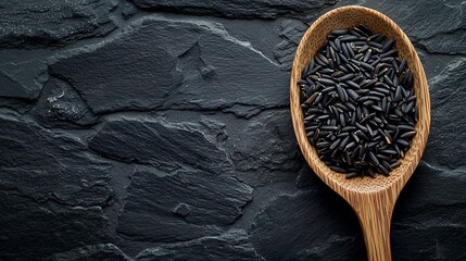 Poster - Black wild rice in a wooden spoon Grey stone background Close up : Generative AI