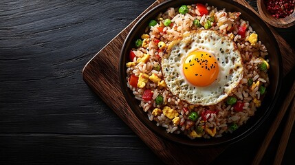 Poster - Asian fried rice with egg and vegetables Dark slate background Top view : Generative AI