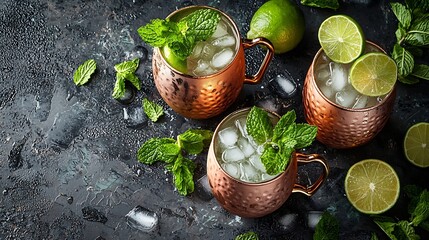 Aufkleber - Moscow Mules cocktail with ginger beer vodka lime and mint Grey background Copy space Top view : Generative AI