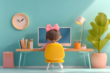 Poster - A child sitting at a desk with a computer in a colorful, cozy workspace.