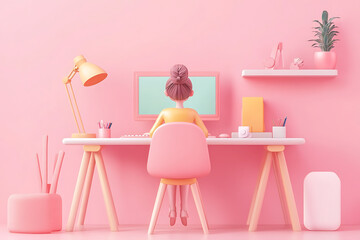 Poster - A pastel-themed workspace featuring a person at a desk with a computer and decor.