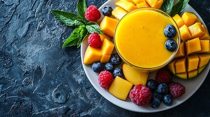 Poster - Tropical fruits assortment on a white plate with mango smoothie juice Blue stone background Top view : Generative AI