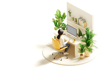 Poster - A serene workspace with a person at a desk surrounded by plants and a computer.