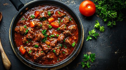 Poster - Beef shredded meat with sauce in black pan Grey background Close up Top view : Generative AI