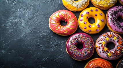 Poster - Donuts with Halloween decoration icing on black slate background Top view Copy space : Generative AI