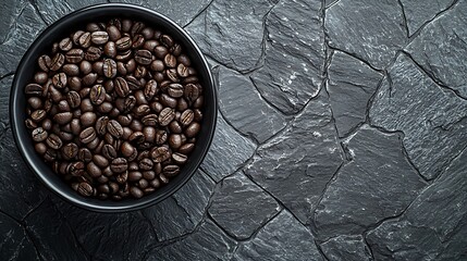 Poster - Coffee beans in black bowl on grey slate background Close up : Generative AI
