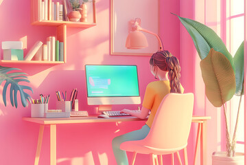 Poster - A person working at a colorful desk with a computer in a vibrant, plant-filled room.