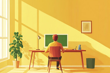 Poster - A person working at a desk in a bright, yellow room with a computer and plants.