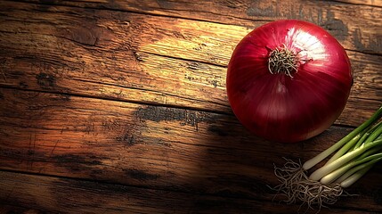 Poster - Red onion with fresh green sprouts on wooden background Top view Copy space : Generative AI