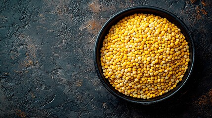 Poster - Yellow lentil in a black bowl on grey stone background Top view Copy space : Generative AI