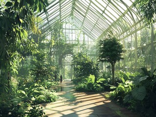 2408 33.People engage with the greenery in a large botanical garden, exploring various plants and trees within a glass conservatory. The scene highlights a peaceful moment of interaction with nature