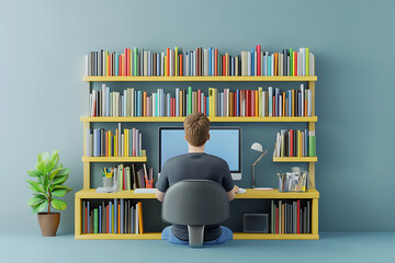 Poster - A person working at a desk in front of a computer with a bookshelf and plant.