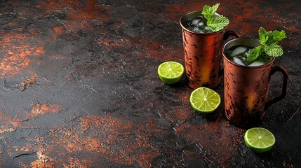 Poster - Cold Moscow Mules cocktail with ginger beer vodka lime and mint Grey stone background Copy space : Generative AI