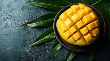 Poster - Fresh mango organic product on a palm leaf Blue background Close up : Generative AI