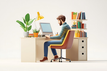 Poster - A stylized illustration of a man working at a desk with plants and books around him.