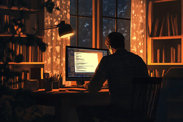 Poster - A person coding at a desk illuminated by warm light, surrounded by books and a cozy atmosphere.