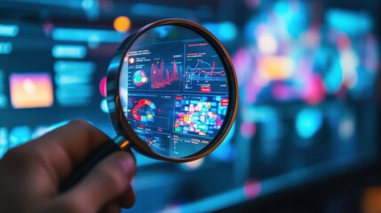 Poster - A hand holding a magnifying glass focusing on digital data analytics on a screen.