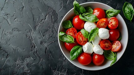 Poster - Caprese salad with tomatoes mozzarella burrata cheese and basil Grey background Top view : Generative AI