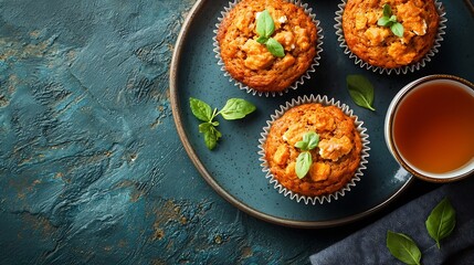 Poster - Healthy vegan carrot muffins with ricotta cheese and cup of tea Blue stone background Top view : Generative AI