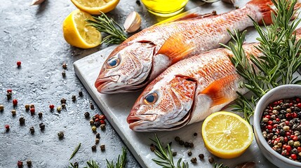 Poster - Raw fish Red mullet fish on a white plate on a grey stone background : Generative AI