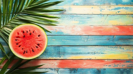 Poster - Watermelon cut on colorful wooden background with palm leaf Top view : Generative AI