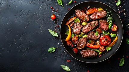 Poster - Beef and vegetables stir fry in a pan Dark background Close up : Generative AI