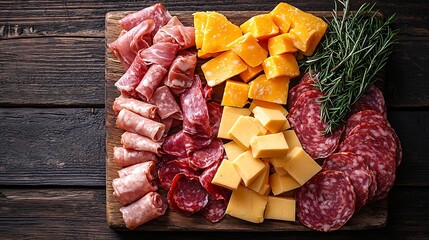 Aufkleber - Cheese and meat appetizers on cutting board on wooden background Top view : Generative AI