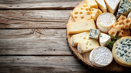 Poster - Cheese assortment blue cheese hard cheese soft cheese on a parchment paper Wooden background Close up : Generative AI