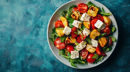 Poster - Grilled vegetables salad with feta cheese in white plate on blue textile background Close up : Generative AI