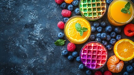Poster - Assortment of rainbow waffles with orange juice Outdoor background Copy space : Generative AI