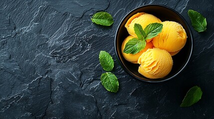 Poster - Mango ice cream tropical fruit sorbet in black bowl on slate background Close up Top view : Generative AI