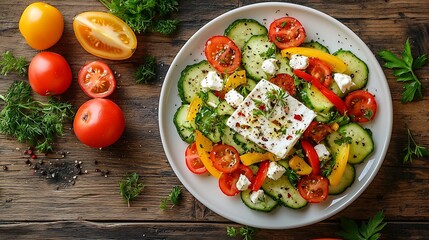 Poster - Grilled vegetables salad with feta cheese in white plate on wooden table Copy space Top view : Generative AI