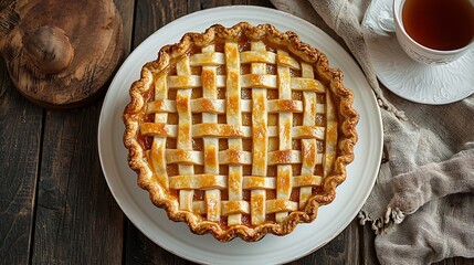 Aufkleber - Apple pie on a white plate with cup of tea Grey background Top view : Generative AI