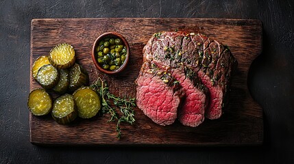 Poster - Roast beef on wooden cutting board with pickles Top view : Generative AI