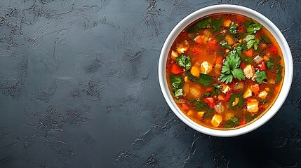 Poster - Chicken soup with vegetables in white bowl Grey background Top view : Generative AI