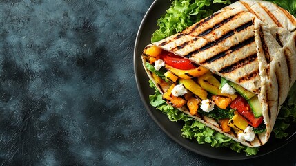 Poster - Wrap sandwich with grilled vegetables and feta cheese on a plate Grey background Copy space Top view : Generative AI