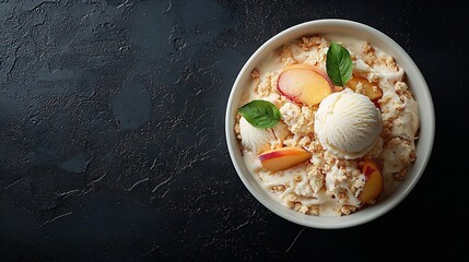 Poster - Crumble cake with peach fruit and ice cream in bowl Close up : Generative AI