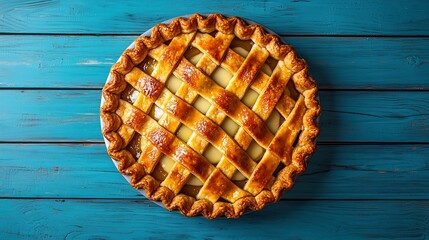 Poster - Apple pie with cream on a blue wooden background Top view Copy space : Generative AI