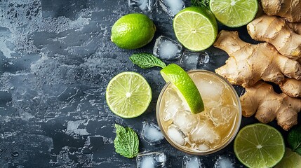 Poster - Cold Moscow Mules cocktail with ginger beer vodka lime Grey stone background : Generative AI