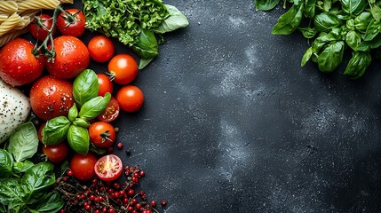 Poster - Pasta fusilli with mozzarella cheese tomatoes and basil Grey background Top view : Generative AI