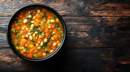 Poster - Bean soup in a black bowl Grey wooden background Close up Top view : Generative AI