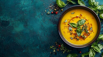 Poster - Pumpkin soup with fresh herbs in a bowl Blue background Top view : Generative AI