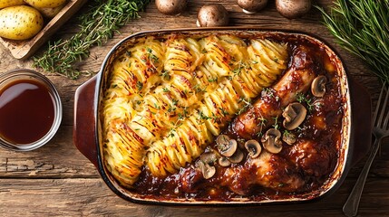 Poster - Duck legs confit with potato gratin and mushroom sauce Top view : Generative AI
