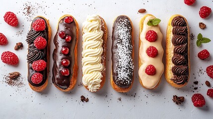 Poster - Assortment of eclairs traditional french dessert Copy space Top view : Generative AI