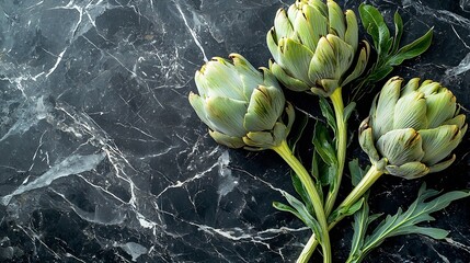 Aufkleber - Fresh artichokes Dark marble background Top view : Generative AI