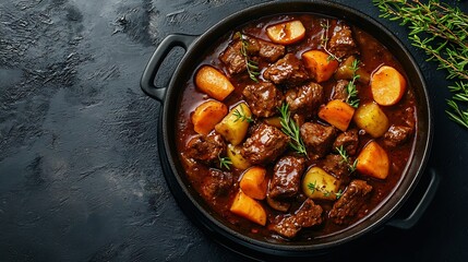 Aufkleber - Beef bourguignon stew with vegetables Grey background Top view : Generative AI