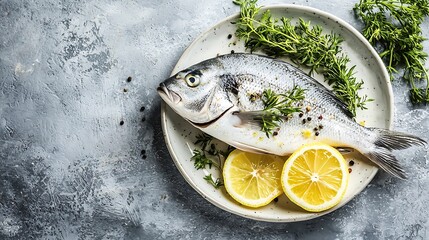 Fresh raw fish dorado on a plate with herbs and slices of lemon Grey stone background Top view Copy space : Generative AI